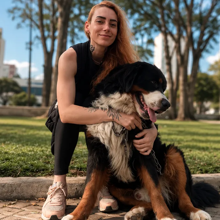 Fran, dog walker da Franpetlover, abraçando um cachorro durante o passeio